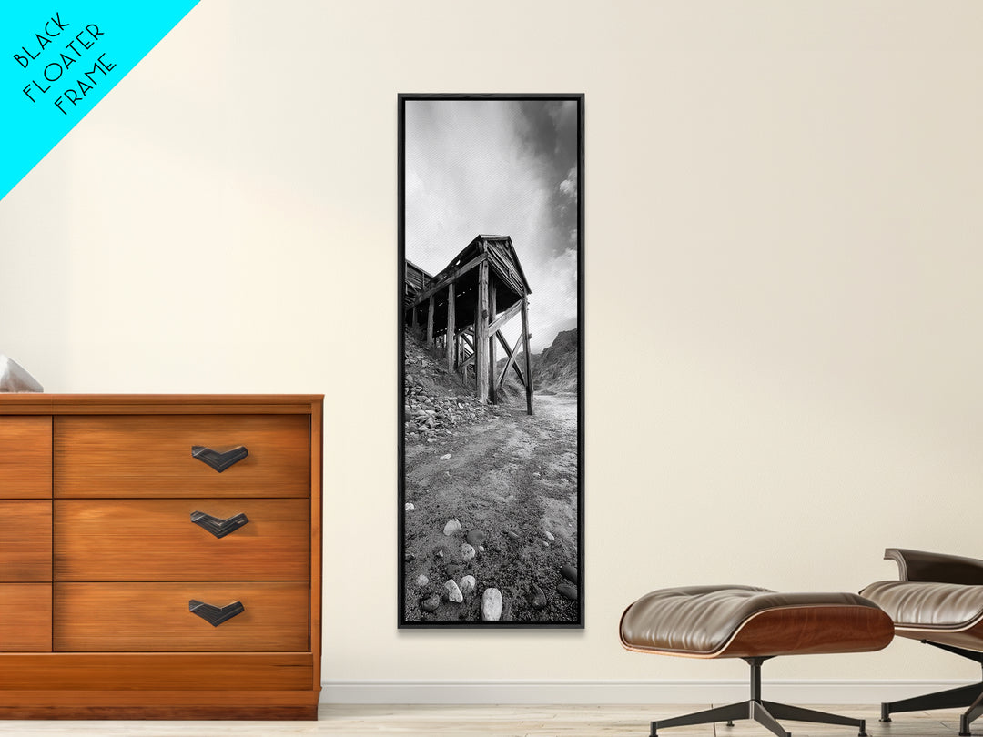 Abandoned Mine, Wooden Structure, Desert Scene, Western Vibes, Black and White Canvas Print, Industrial Rustic Living Room Wall Art