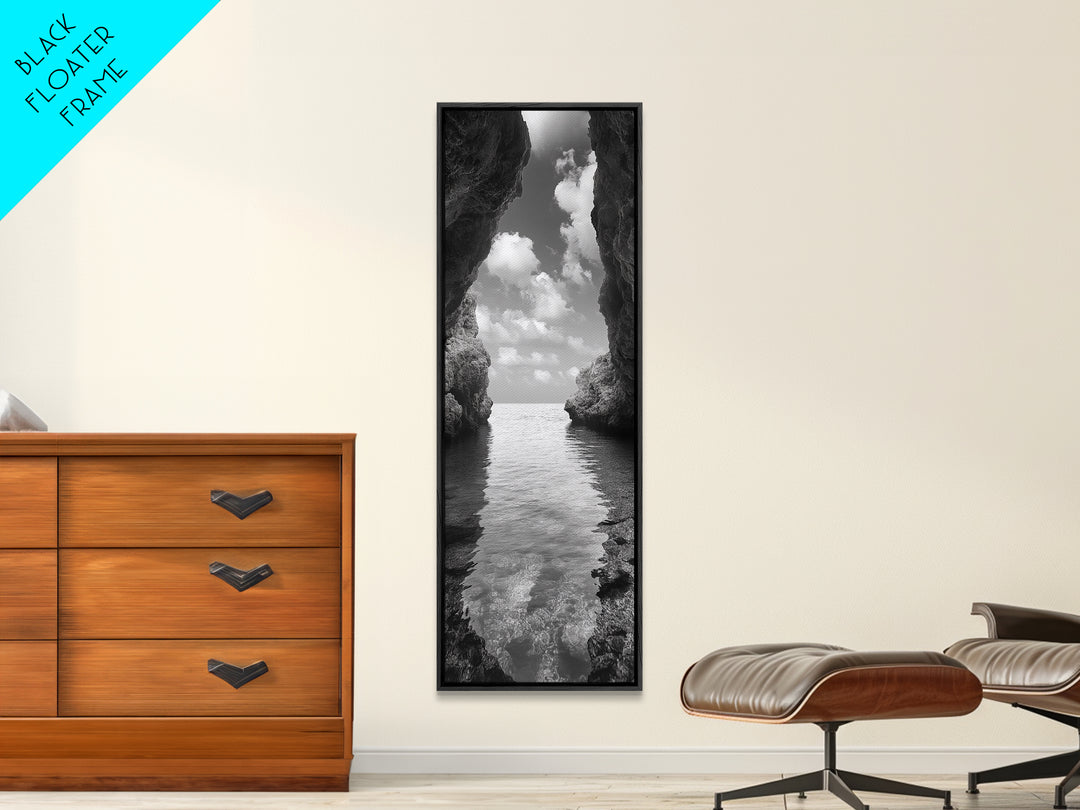 Ocean Cave, Tranquil Waters, Cloudy Sky, Coastal Wall Art, Canvas Print, Black and White Nature Decor, Modern Beach House Wall Art