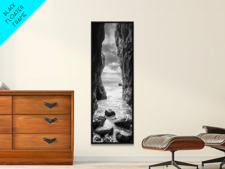 Rocky Passage, Seaside View, Cave Entrance, Dramatic Nature Scene, Framed Canvas Print, Moody Black and White Bedroom Wall Art, Hallway Decor