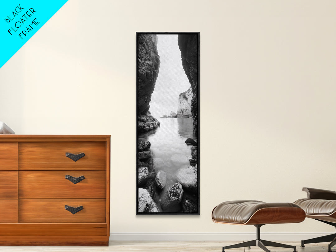 Cliff View, Hidden Bay, Ocean Serenity, Rock Formations, Canvas Print, Black and White Coastal Landscape, Entryway Art, Dining Wall Art