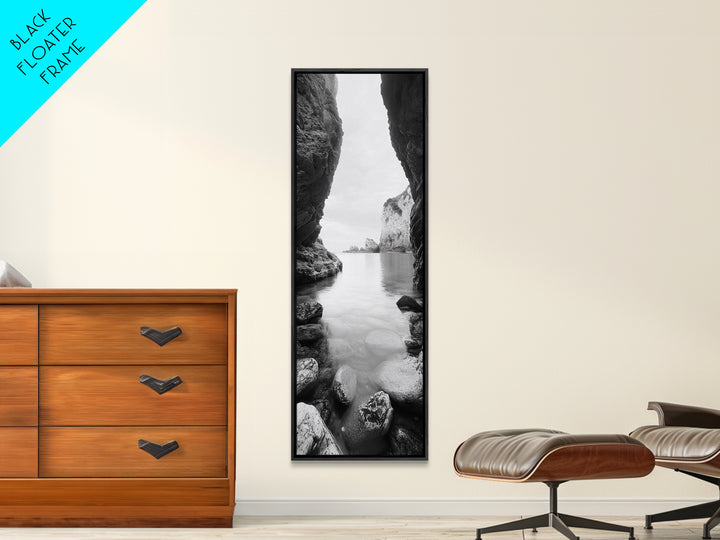 Cliff View, Hidden Bay, Ocean Serenity, Rock Formations, Canvas Print, Black and White Coastal Landscape, Entryway Art, Dining Wall Art