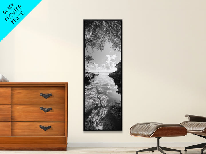 Island Cove, Palm Tree, Peaceful Sea, Tropical Coastline, Black and White Framed Canvas Print, Boho Beach Wall Art, Bathroom Decor