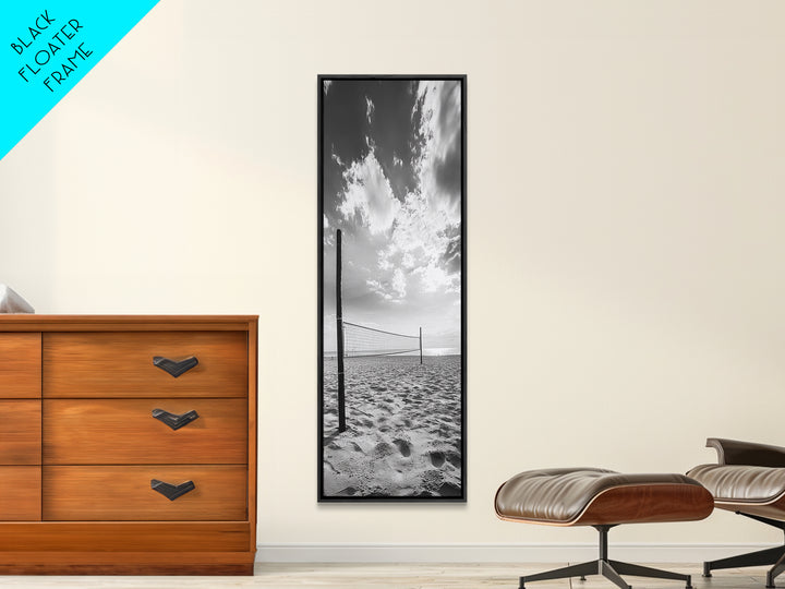 Beach Volleyball, Sandy Court, Summer Games, Ocean Sky, Active Lifestyle, Framed Canvas Print, Game Room Wall Art, Sporty Coastal Art