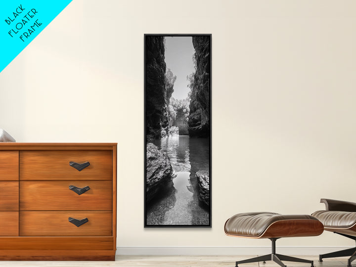 Cliff Canyon, Tranquil Water, Forest Reflection, Natural Pool, Framed Canvas Print, Black and White Nature Art, Spa Print, Hallway Decor