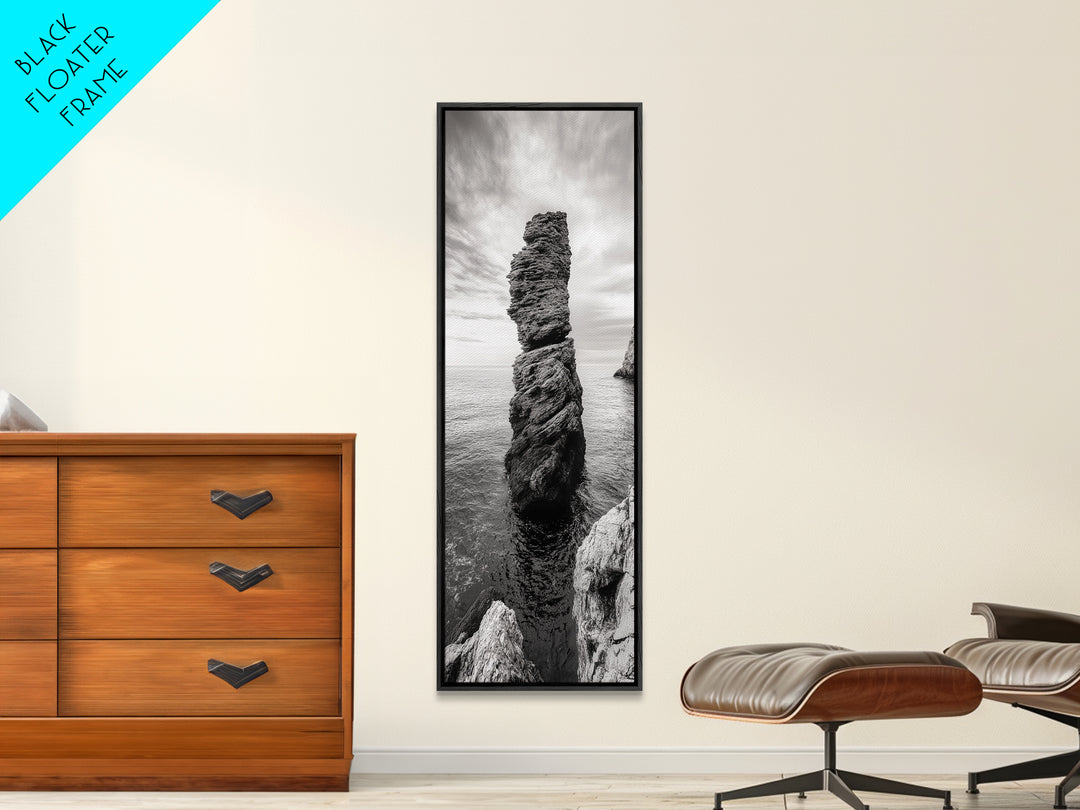 Coastal Rock, Ocean Tower, Nature Photography, Framed Canvas Print, Minimalist Wall Decor, Living Room Wall Art, Black and White Seascape