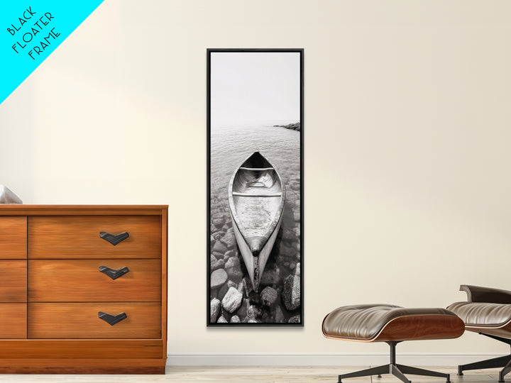 Rowboat Stillness, Peaceful Waters, Lake Canoe, Canvas Print, Entryway Wall Art, Minimalist Home Decor, Black and White Photography