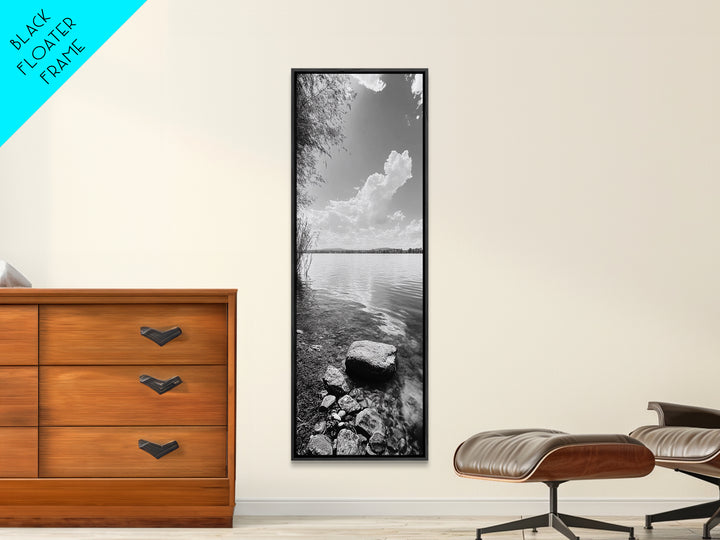Peaceful Lake, Cloud Reflection, Shoreline Stones, Framed Canvas Print, Guest Room Wall Art, Nature Inspired Decor, Minimalist Landscape