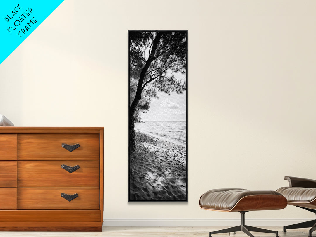 Coastal Tree Shade, Beach Sand Path, Seaside Serenity, Nature Retreat, Framed Canvas Print, Bathroom Wall Art, Neutral Tones, Calm Ocean Art