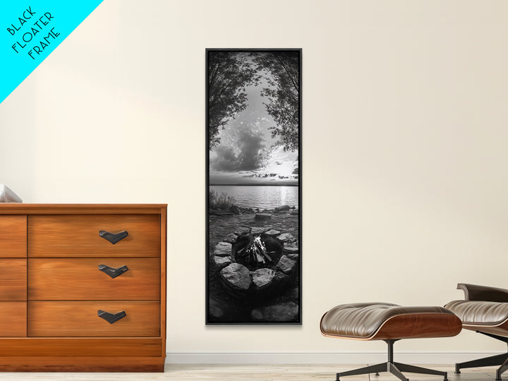 Campfire Sunset, Autumn Gathering, Fireside Evening, Lake Horizon, Framed Canvas Print, Fall Decor, Cabin Living Room Wall Art, Nature Lodge Print