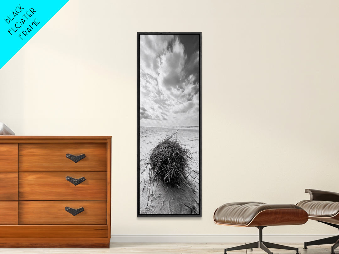 Beach Tumbleweed, Windy Dune, Coastal Drift, Seaside Simplicity, Monochrome Shoreline Framed Canvas Print, Bathroom Beach Wall Decor