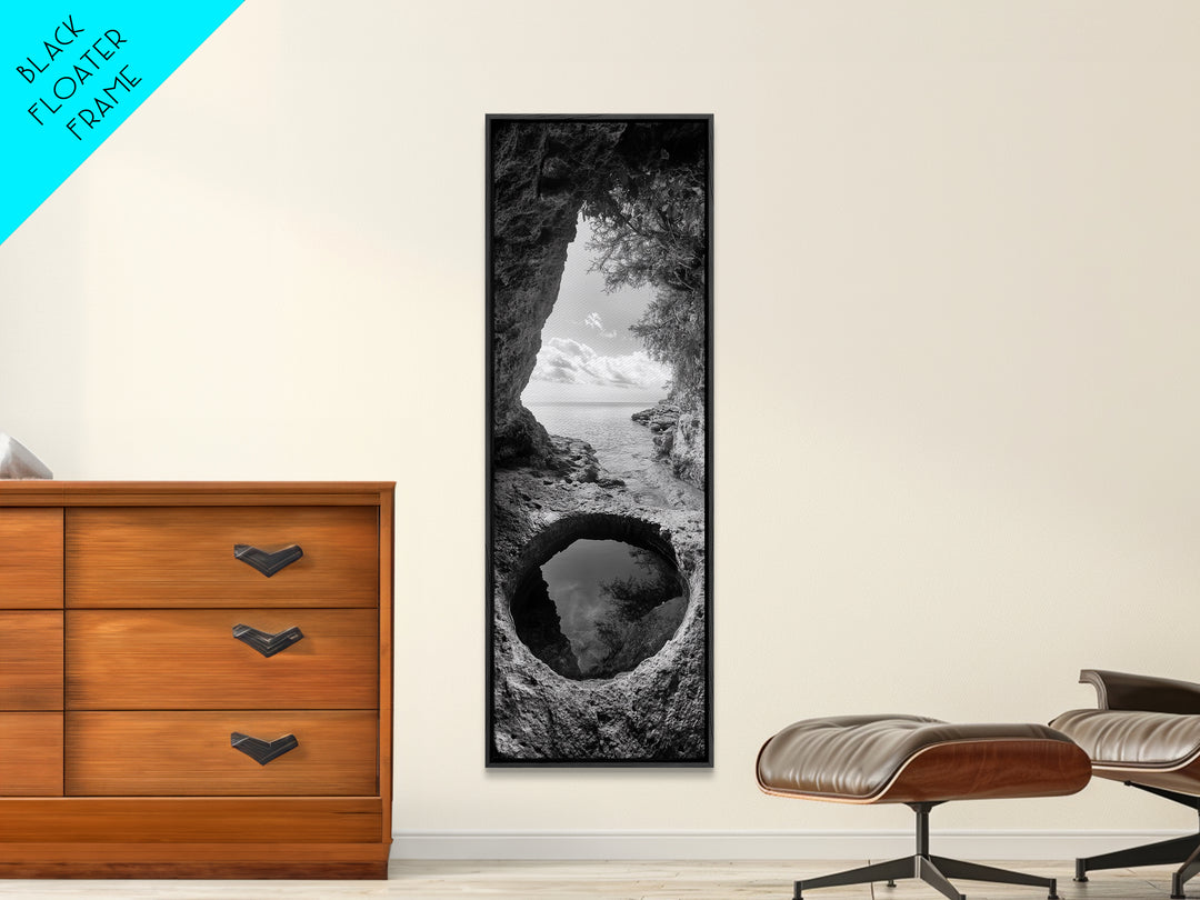 Ocean Cave, Coastal View, Natural Tide Pool, Canvas Print, Bathroom Wall Art, Seaside Decor, Minimalist Landscape, Black and White Art
