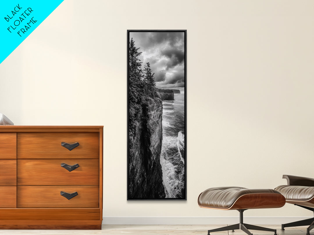 Cliff Coastline, Moody Ocean, Pine Trees, Dramatic Nature Scene, Canvas Print, Cabin Wall Art, Fall Coastal Photography, Rustic Decor