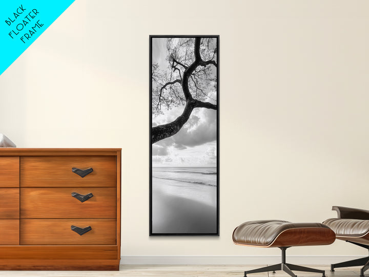 Ocean Tree View, Beach Horizon, Minimal Branches, Framed Canvas Print, Coastal Living Room Art, Neutral Decor, Zen Nature Photography