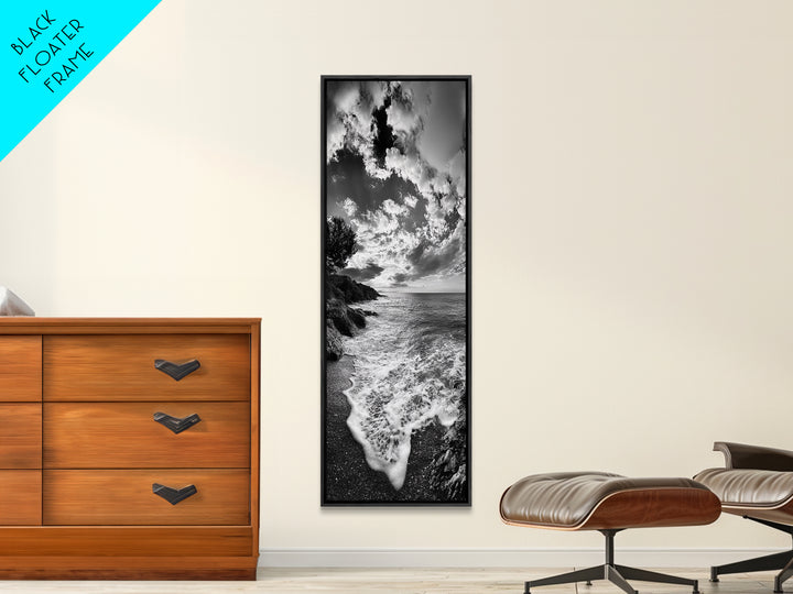 Rocky Coastline, Ocean Foam, Sunset Glow, Framed Canvas Print, Nautical Wall Art, Beach House Decor, Moody Seascape Photography