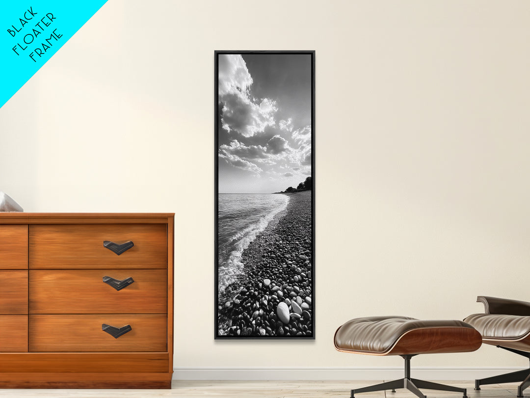 Pebble Beach, Gentle Waves, Coastal Calm, Framed Canvas Print, Minimalist Bathroom Wall Art, Nature Texture Decor, Seaside Zen, Office Wall Art
