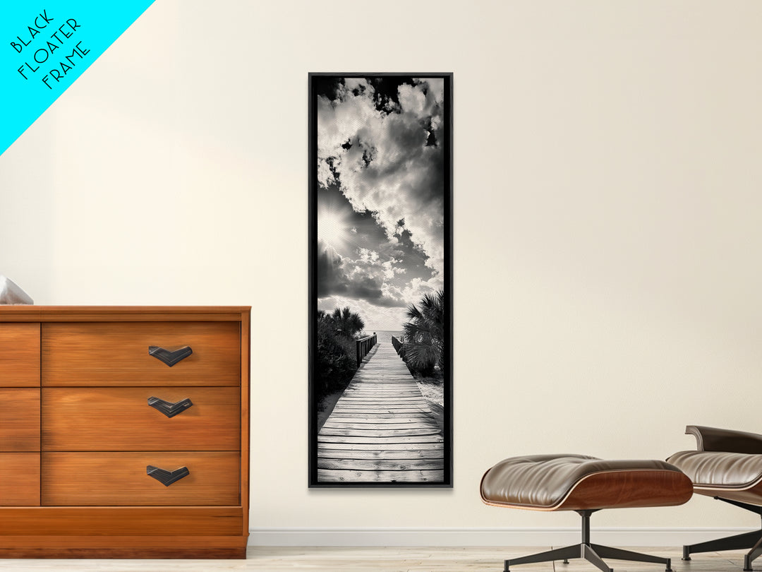 Boardwalk Path, Coastal Sunset, Palm Trees, Framed Canvas Print, Beach Walkway Wall Art, Entryway or Living Room Coastal Decor