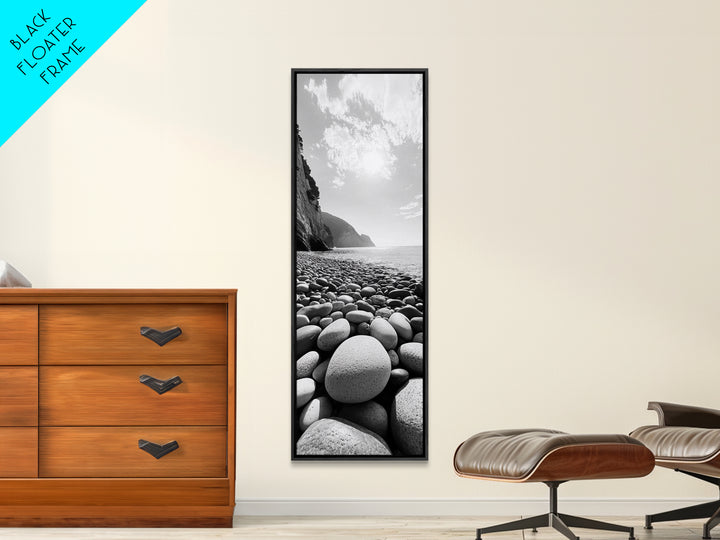 Rocky Beach View, Ocean Horizon, Sunrise Light, Framed Canvas Print, Relaxing Bedroom Wall Art, Modern Coastal Photography, Bathroom Wall Art