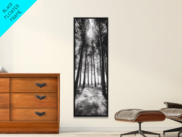 Pine Forest Glow, Woodland Landscape, Monochrome Nature, Boho Style, Framed Canvas Print, Entryway Print, Living Room Wall Art, Game Room Art