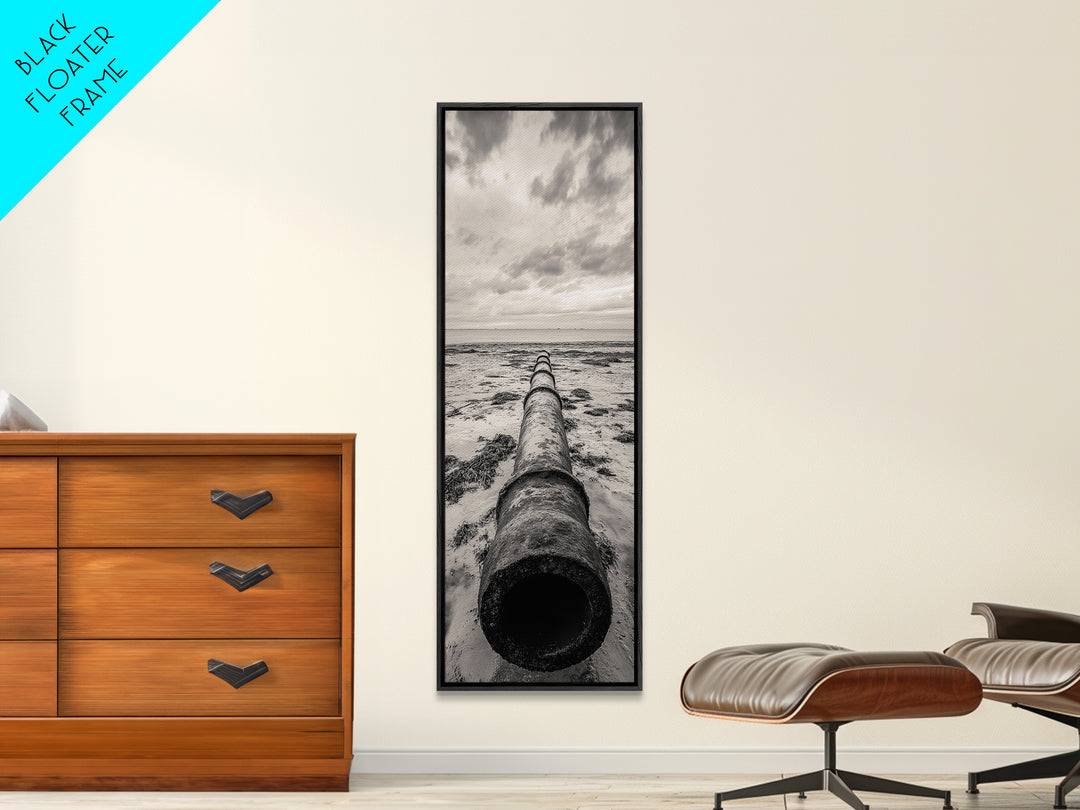 Rusted Pipe Beach, Industrial Coastal Vibe, Grunge Seascape, Framed Canvas Print, Urban Loft Art, Bathroom Wall Art, Office Wall Art