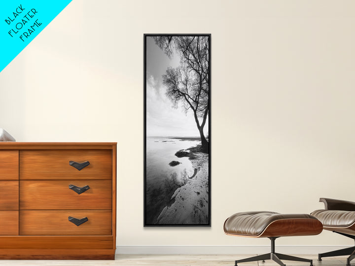 Bare Tree Reflection, Minimal Winter Shoreline, Calm Monochrome Art, Framed Canvas Print, Scandinavian Living Room Art, Bathroom Art