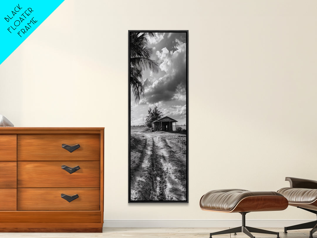 Rustic Cabin, Countryside Road, Farm Field, Palm Trees, Framed Canvas Print, Farmhouse Entryway Wall Art, Fall Landscape,  Den Wall Art