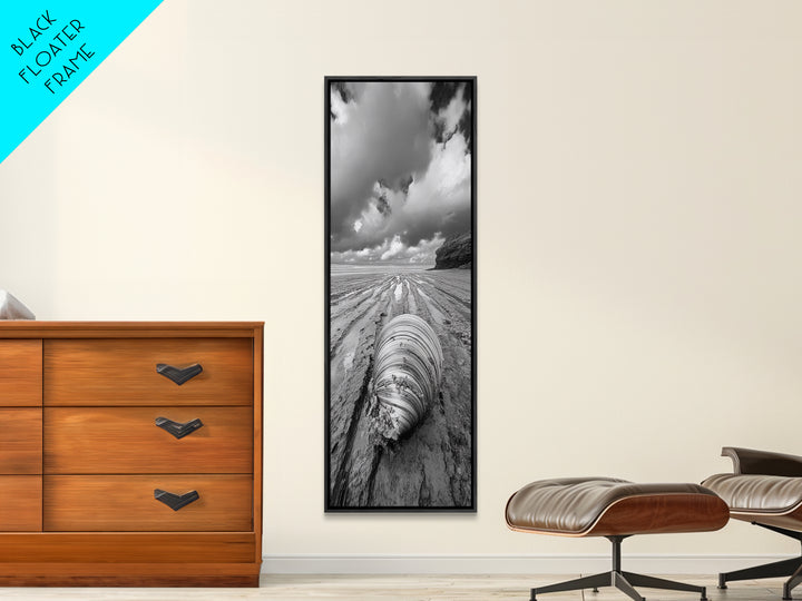 Ocean Clam, Moody Beach, Tidal Lines, Coastal Detail, Canvas Print, Nautical Bathroom Wall Art, Black and White Ocean Decor,  Den Wall Piece