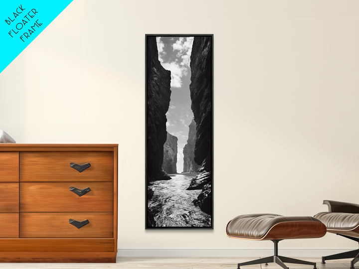Coastal Canyon, Ocean Passage, Black White Art, Vertical Nature Scene, Framed Canvas Print Entryway Wall Art, Landscape Minimalist Decor