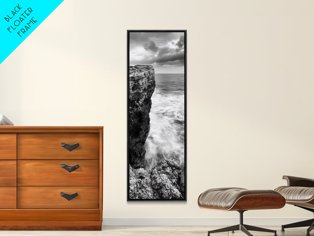 Cliffside Ocean, Storm Waves, Dramatic Coast, Monochrome Rocks, Framed Canvas Print Bathroom Wall Art, Minimalist Nautical Style, Coastal Decor