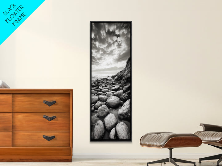 Coastal Stones, Rocky Shore, Sunrise Ocean, Black White Print, Framed Canvas Print Beach House Decor, Entryway Art, Nautical Minimalist Wall Art