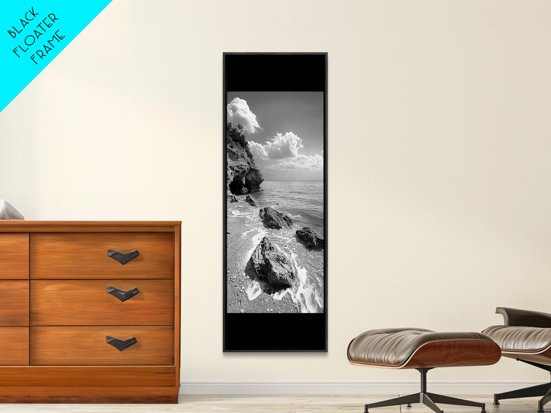 Rocky Beach, Calm Water, Summer Shore, Black White Coastal View, Framed Canvas Print Beach Wall Art, Nature Decor, Coastal Bathroom Style