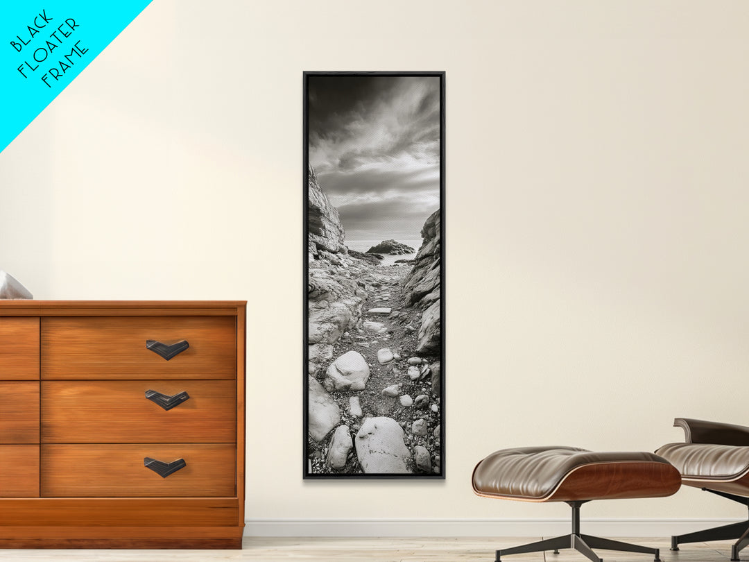 Rocky Coast Path, Serene Ocean View, Minimalist Nature, Framed Canvas Print, Neutral Tones, Beach Art, Hallway Wall Decor, Coastal Home Vibe