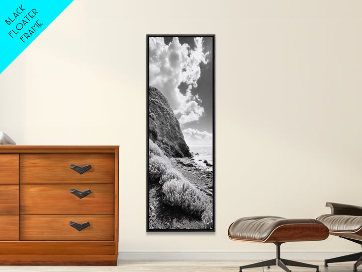 Coastal Shrubs, Rocky Beach, Sunlit Cliffside, Framed Canvas Print, Kitchen Wall Art, Black and White Nature, Scandinavian Home Style