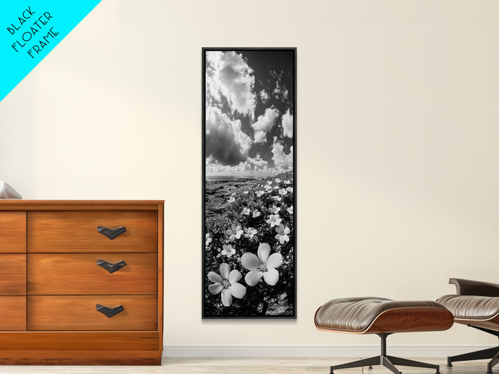 Ocean Flowers Art, Coastal Wildflower Print, Nature Boho Aesthetic, Beach House Wall Style, Framed Canvas Print, Moody Seaside Decor
