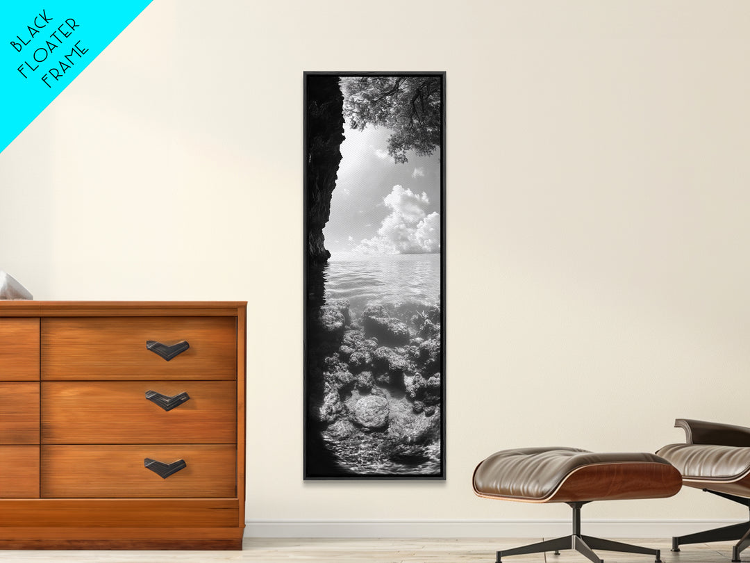 Ocean Cave View, Coastal Water Art, Dreamy Nature Escape Print, Bathroom or Bedroom Decor, Framed Canvas Print, Tranquil Seascape