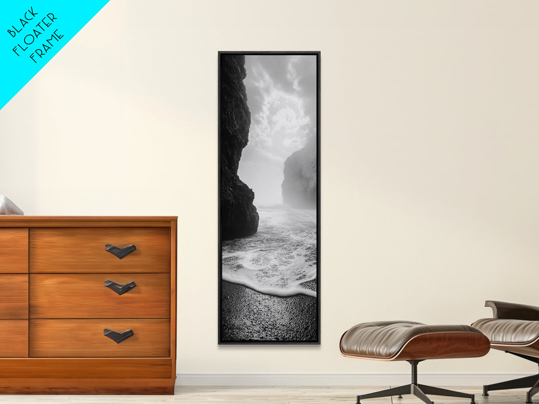 Coastal Rocks, Ocean Mist, Dreamy Seascape, Monochrome Coastline, Nature Photography Canvas Print, Moody Living Room Wall Art