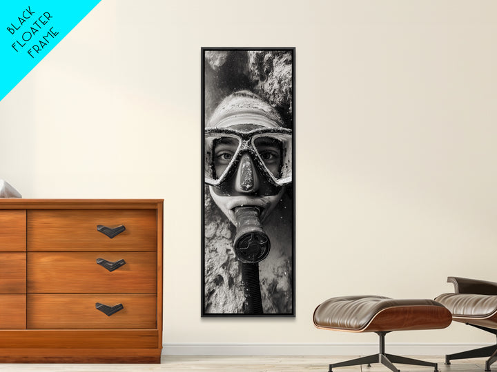 Diver Portrait, Underwater View, Close-Up Eyes, Canvas Print, Adventure Wall Art, Scuba Diving Decor, Unique Bathroom Art, Monochrome Style