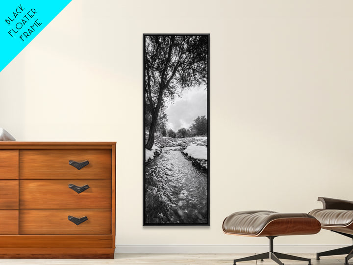 Peaceful Creek, Snow Trees, Winter Flow, Framed Canvas Print, Rustic Nature Art, Farmhouse Wall Decor, Serene Entryway Accent, Bedroom Decor