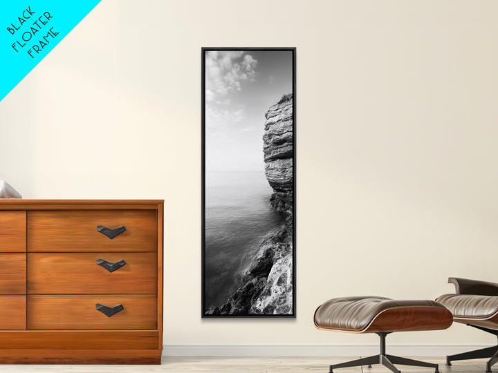 Cliffside Calm, Ocean View, Rock Texture, Seaside Stillness Framed Canvas Print, Modern Office Wall Art, Coastal Minimalist Decor