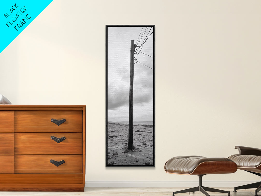 Utility Pole, Coastal Wires, Industrial Sky, Power Lines, Framed Canvas Print, Minimalist Photography, Loft Wall Art, Urban Decor