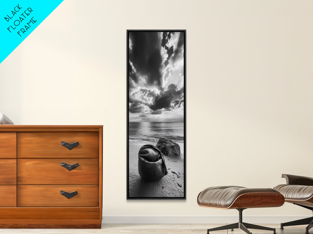Coastal Bag, Driftwood Rock, Stormy Sea, Framed Canvas Print, Moody Beach Wall Art, Minimalist Decor, Ocean Vibe Photography