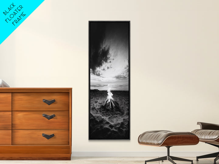 Peaceful Beach Fire, Twilight Shore, Ocean Ember, Tranquil Seascape, Framed Canvas Print, Autumn Wall Art, Rustic Nature Room Decor