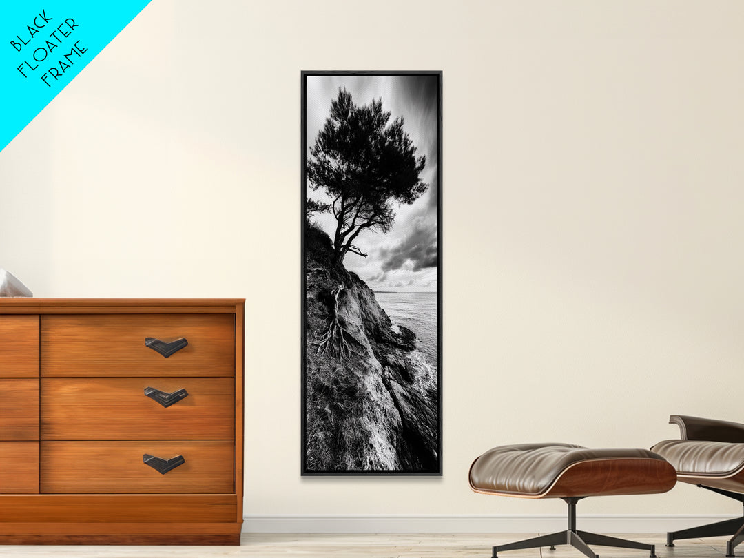 Cliff Tree, Coastal Roots, Dramatic Landscape, Framed Canvas Print, Bold Nature Wall Art, Modern Black And White Decor, Fall Office Accent