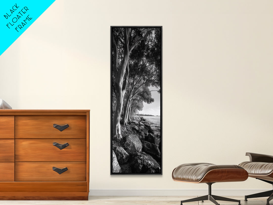 Riverside Trees, Rocky Shore, Natural Light, Canvas Print, Tranquil Forest Photography, Boho Nature Decor, Living Room Wall Art
