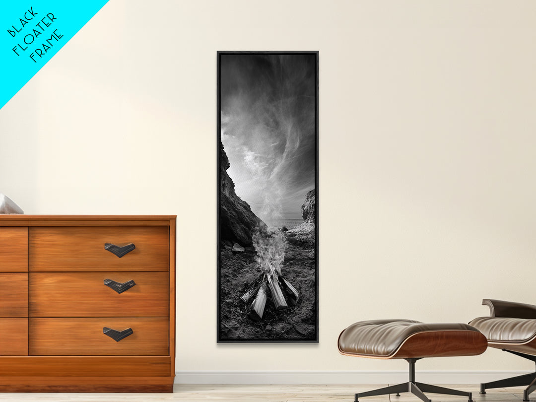 Campfire Smoke, Rocky Coastline, Moody Skies, Autumn Nature, Framed Canvas Print, Rustic Wall Decor, Cabin Aesthetic, Living Room Art