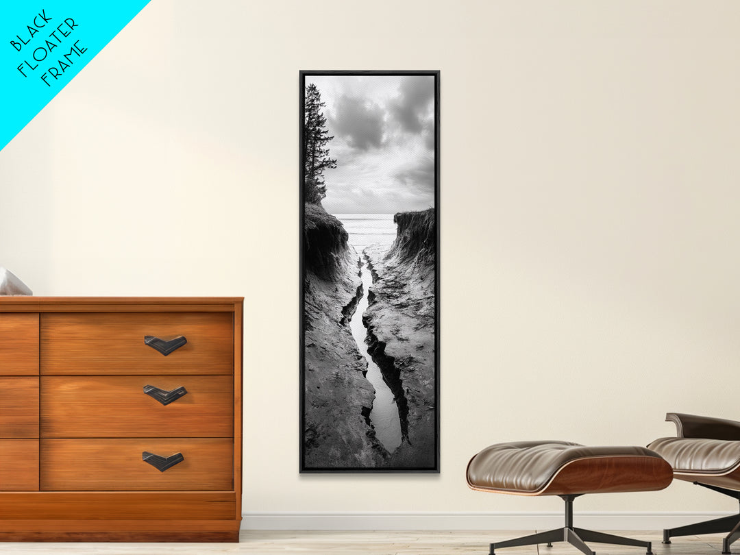 Coastal Crevice, Ocean Stream, Moody Nature, Rugged Beauty, Framed Canvas Print, Minimalist Beach Wall Art, Bedroom Art, Entryway Decor