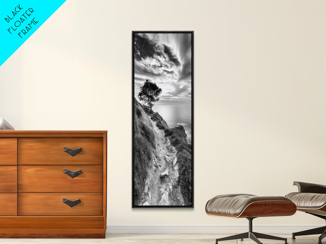 Cliffside Tree, Coastal Path, Nature Landscape, Canvas Print, Monochrome Hiking Trail Art, Boho Entryway or Office Wall Decor