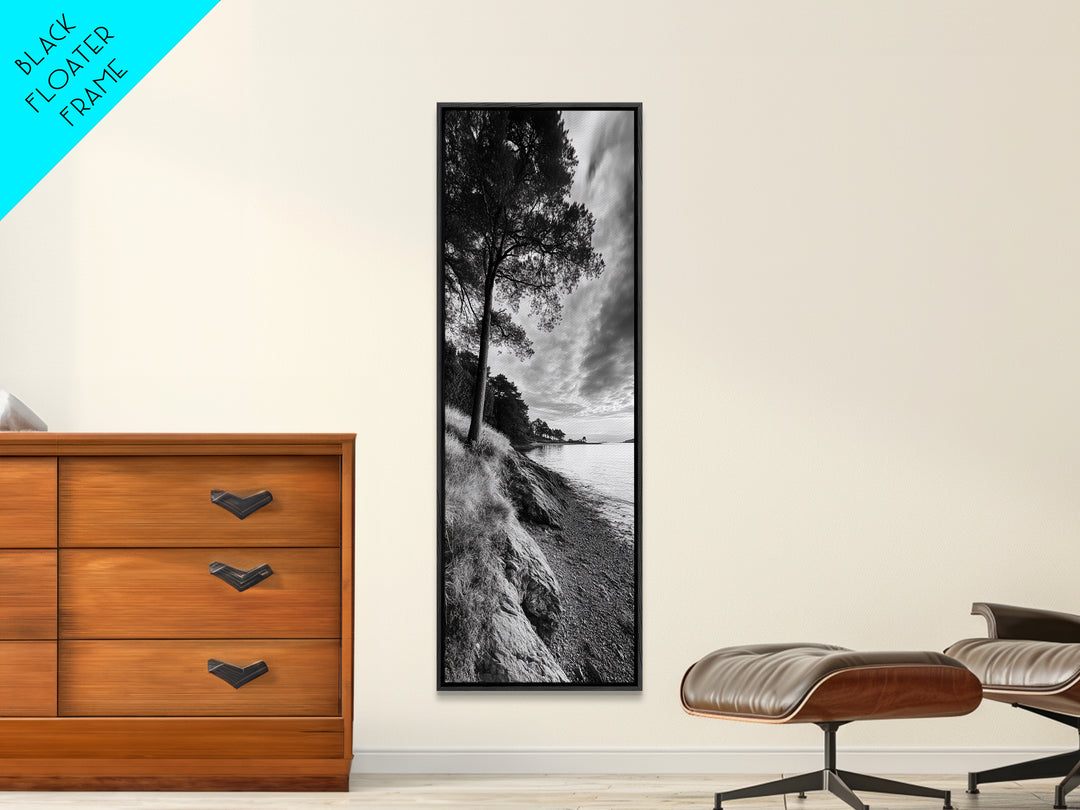 Coastal Tree, Ocean Horizon, Windswept Shore, Nature Calm, Moody Sky, Framed Canvas Print, Office Wall Art, Coastal Rustic Aesthetic