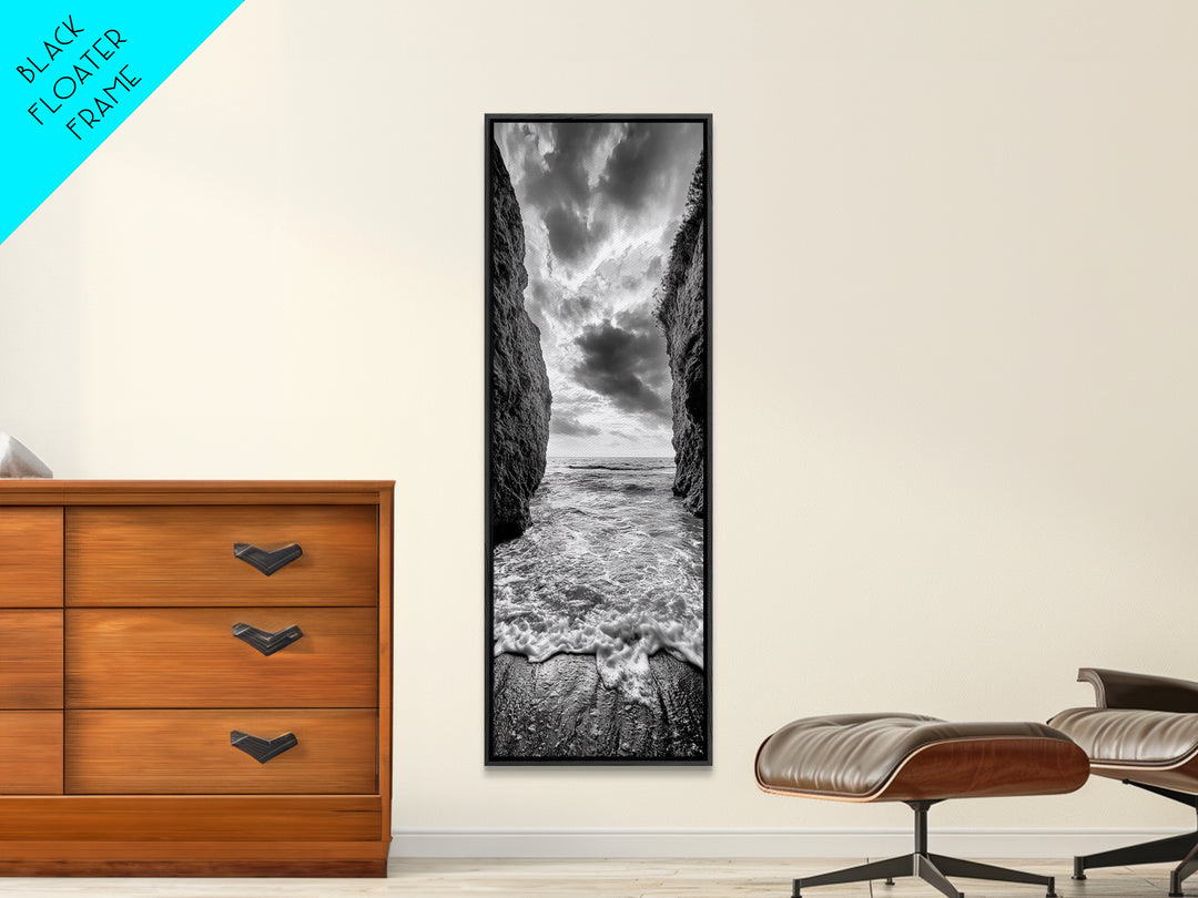 Ocean Gap, Cliffside Horizon, Black White Waves, Framed Canvas Print, Modern Coastal Wall Art, Nautical Living Room Decor,  Nature Decor