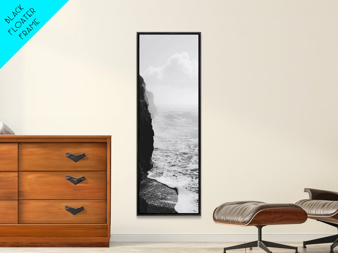 Coastal Cliff, Ocean Waves, Monochrome Seascape, Framed Canvas Print, Minimalist Ocean Art, Bathroom Decor, Nautical Wall Art