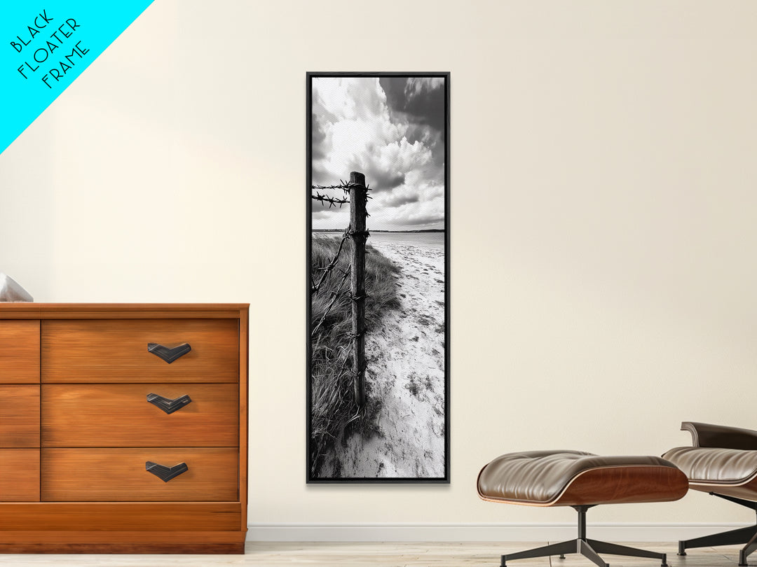 Barbed Fence, Sandy Dunes, Stormy Skies, Moody Coast, Natural Tension, Framed Canvas Print, Living Room Wall Art, Modern Western Decor